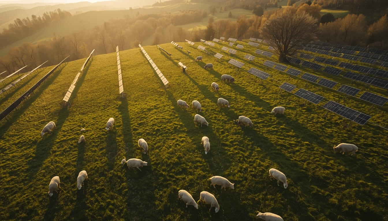 Solar panels with sheep grazing